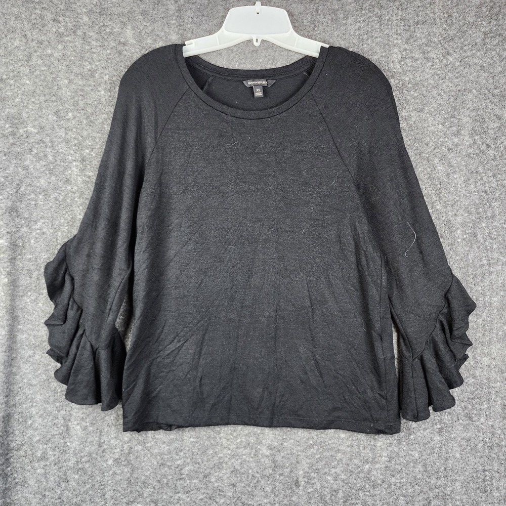 Banana Republic Ruffle Sleeve Top Women XS Black Raglan Knit Crew Neck Tiered